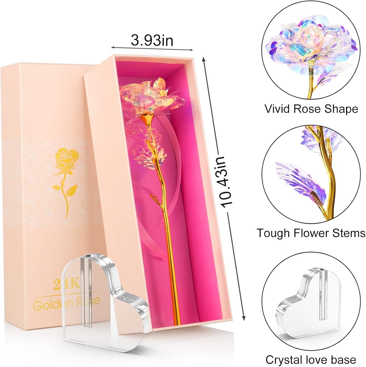 Gifts for Women Galaxy Rose Glass Flowers with Heart-Shaped Base Eternal Roses Forever Flowers Mothers Day Birthday Gifts for Women, Mom, Wife, Sister, Daughters, Kids